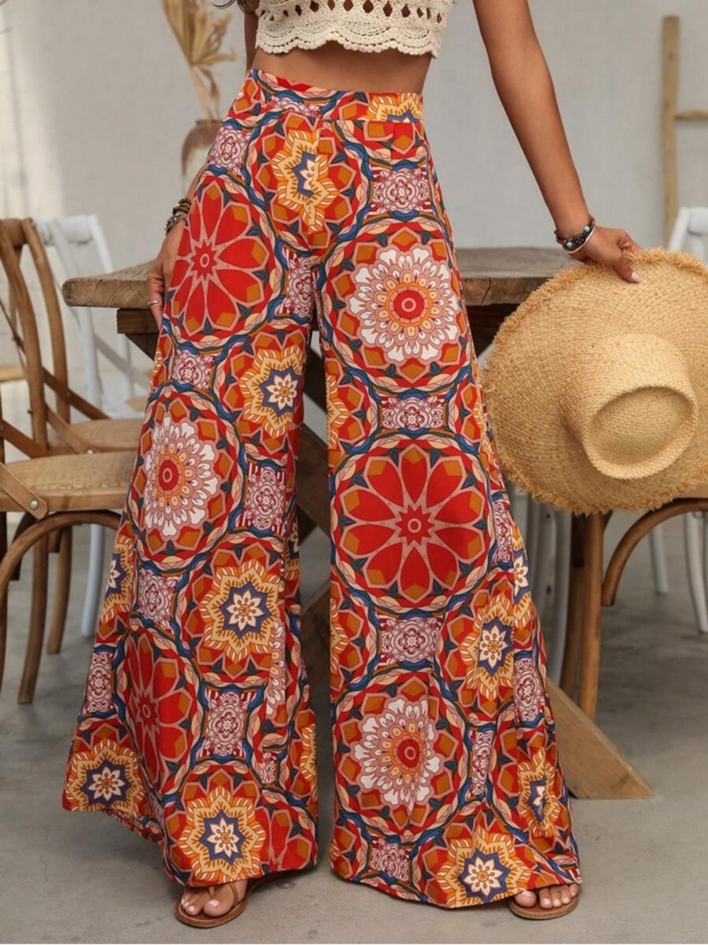 Orange Floral Printed Wide Leg Pants
